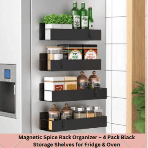 Magnetic Spice Rack Organizer – 4 Pack Black Storage Shelves for Fridge & Oven