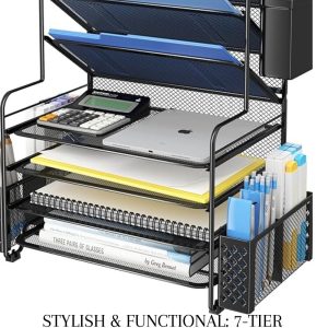 Stylish & Functional: 7-Tier Desk Organizer with Pen Holder & Hanging Basket – Black