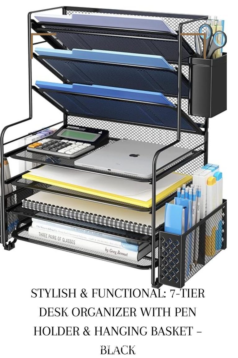 Stylish & Functional: 7-Tier Desk Organizer with Pen Holder & Hanging Basket – Black